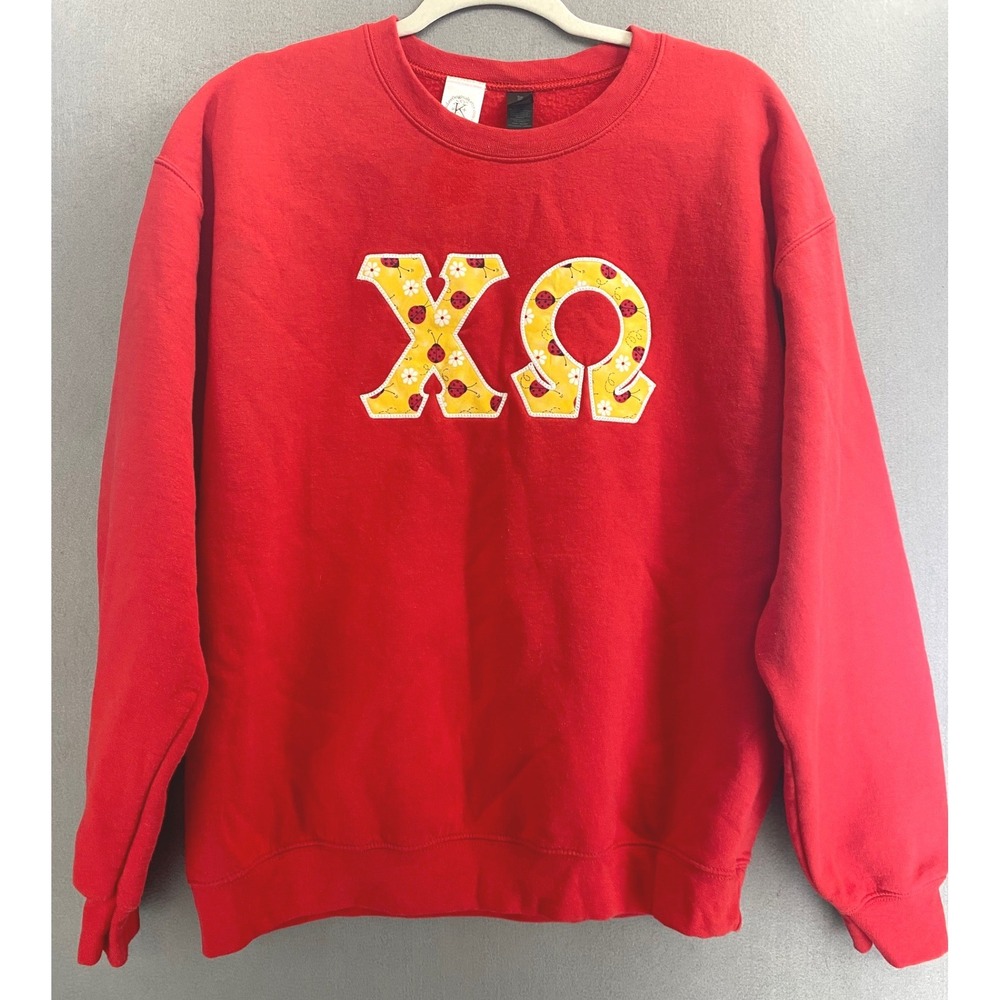 KikiLee Originals Women's L Chi Omega Red Crew Sweatshirt Ladybug Greek Applique